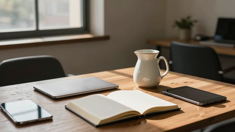 A cozy office corner with natural light filtering through windows, a wooden meeting table with open notebooks, tablets, and a ceramic coffee carafe.