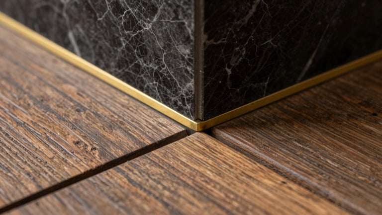 Close-up macro shot of premium materials intersecting: dark veined marble meeting weathered teak wood decking and a razor-thin gold metal joint, soft side lighting.