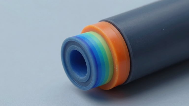 Macro visualization of an FEA stress-analysis heatmap on a rubber seal cross-section, showing color gradients from cool blue to hot orange under compression.