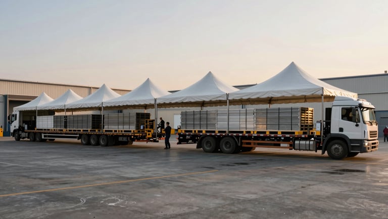 Panoramic wide shot of a logistics loading dock at golden-hour industrial light, event tents and deck panels being loaded onto a flat-bed truck by a crew, equipment stacked and strapped, concrete floor, no smiling faces
