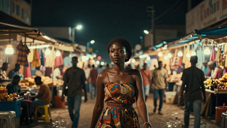 Cinematic film still, neon night-scapes of Accra, a woman walking through a bustling night market, rich warm tones, anamorphic lens.