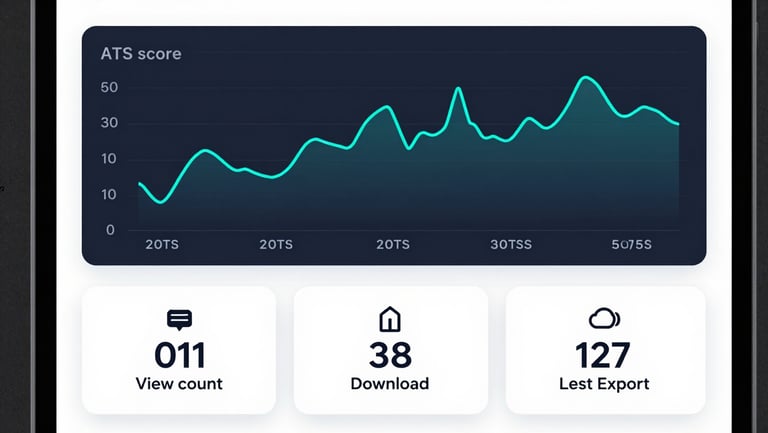 Wide app screenshot of a resume analytics dashboard panel — line chart showing ATS score trajectory over five weeks with teal data line on dark navy background, below it a row of three metric tiles showing view count, download count, and last-export timestamp, high-key interface lighting, no humans, clean studio clarity, tight crop on the metrics UI