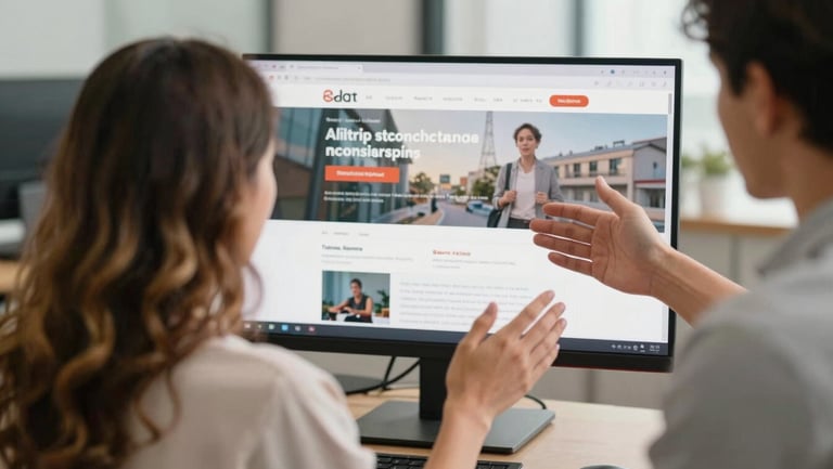 Medium shot from behind of a woman with wavy highlighted hair and a colleague reviewing a completed website on a large monitor, hands gesturing at the screen, warm office daylight, relaxed and professional atmosphere