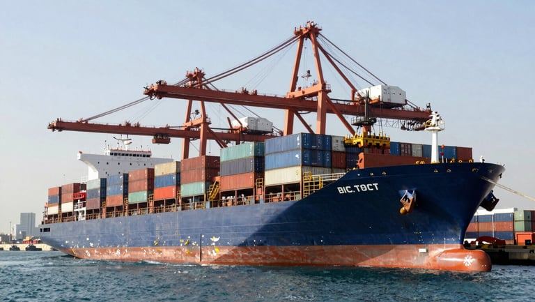 A massive container ship docked at a modern Dubai port terminal with large cranes unloading cargo under bright daylight