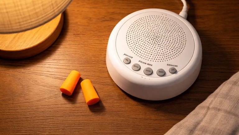 White noise machine and orange earplugs on a wooden bedside table with a lamp for better sleep.