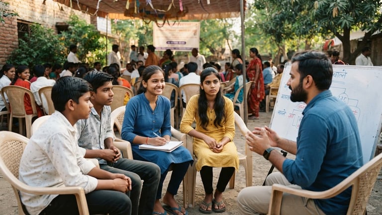 A group of young Indian students attending an outdoor career orientation session under warm sunlight, 35mm lens