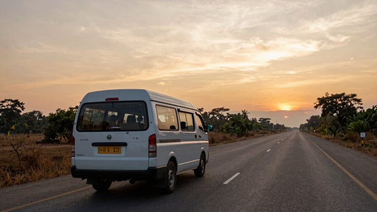 Laotian highway at dusk, a shared shuttle van on a long straight road between Vientiane and Vang Vieng, golden sky ahead, passengers silhouetted through rear windows, sparse roadside vegetation