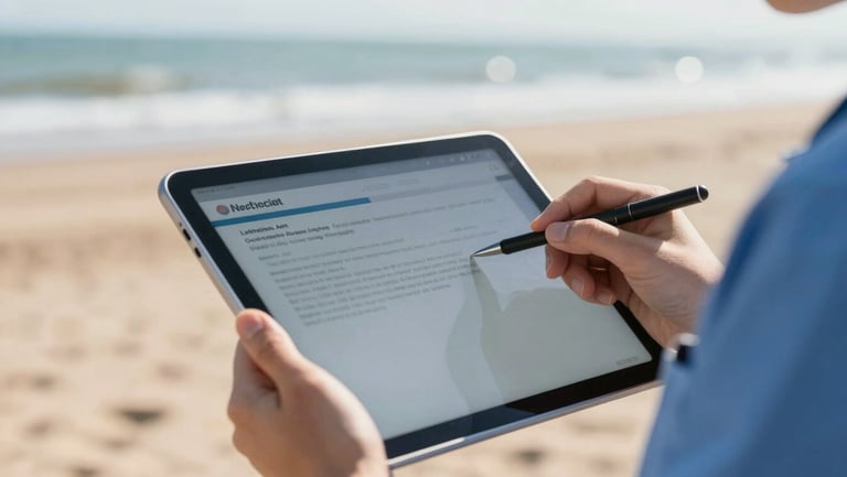 A close-up of a healthcare worker in Westcliff-On-Sea using a tablet to review diagnostic suggestions in natural daylight, professional and focused.