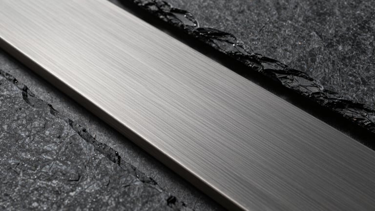 Macro texture of high-quality brushed metal and dark slate stone under clean, sharp architectural shadows.