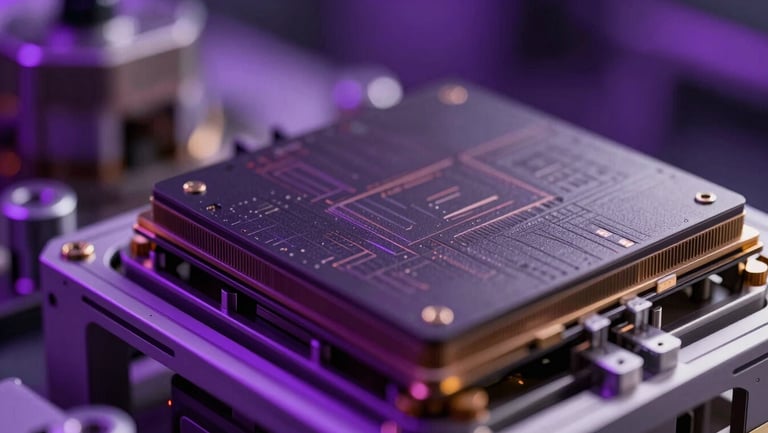 Extreme close-up of a high-security semiconductor fabrication plant under dramatic purple lighting
