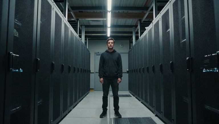 Cinematic letterboxed shot of a solitary figure standing in a massive, dark server warehouse, illuminated by a single overhead neon beam.