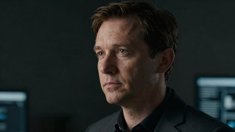 Moody, low-light portrait of a technology researcher looking thoughtfully past the camera