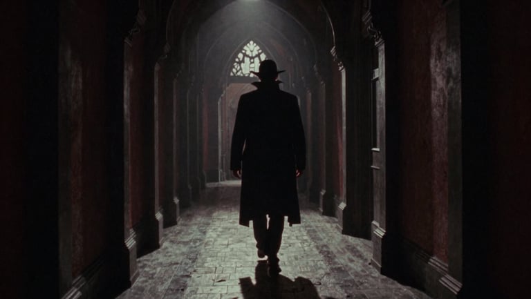 Wide cinematic 21:9 frame of a dimly lit gothic hallway, a single silhouetted figure walking slowly, deep shadows, 1920s vampire film style, 35mm grain.