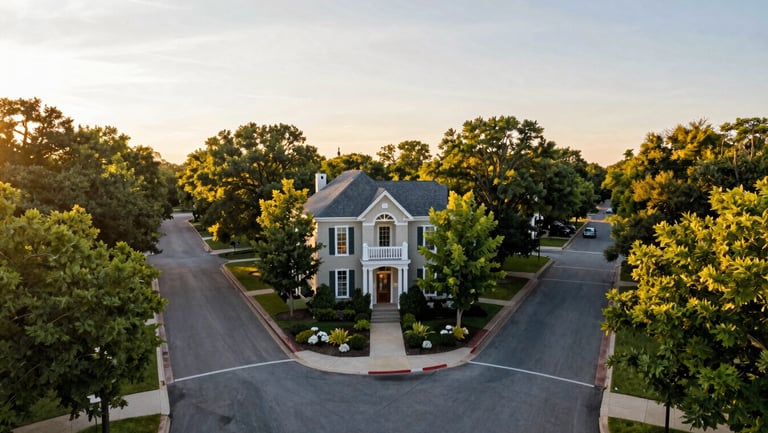 Cinematic wide-angle view of tree-lined avenues in Greenwood Township, golden hour sunlight filtering through leaves, luxury real estate presentation style.
