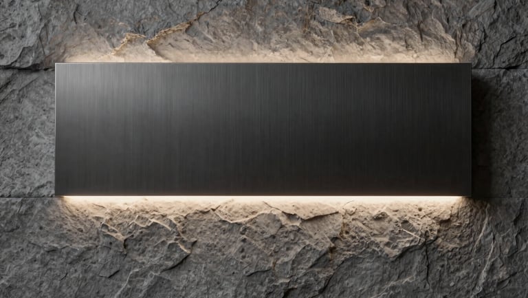 Minimalist wall interface made of dark brushed metal, glowing soft white indicator light, integrated seamlessly into stone.