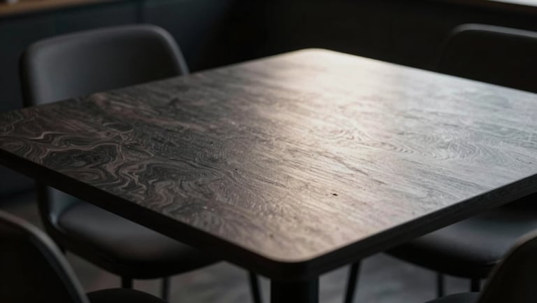 Close-up of a dark, moody dining room, light focused precisely on the table surface, shadows enveloping the corners.