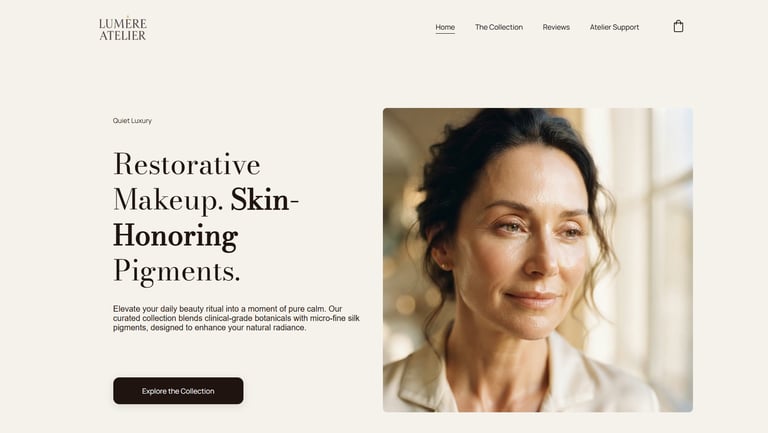 A woman with glowing skin showcasing restorative makeup and luxury skincare results.