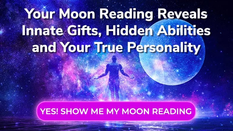 "Moon reading ad with starry galaxy background, a person silhouette, large full moon, and a “Show me my moon reading” button"
