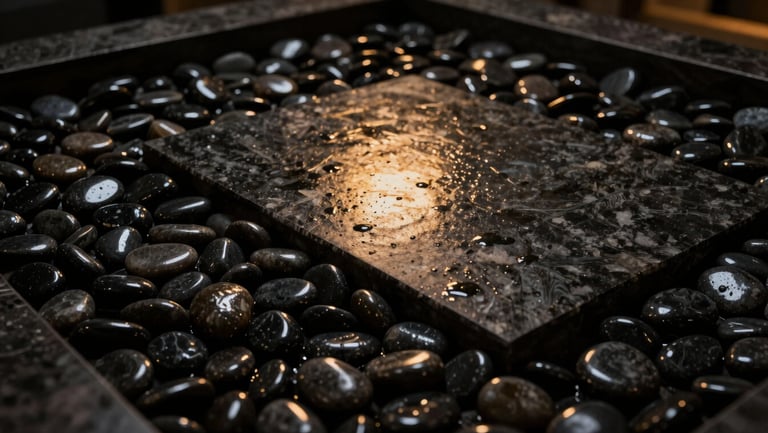 Polished black river pebbles arranged in a minimalist indoor water feature, warm spotlight reflecting off wet stone surfaces, high-contrast luxury interior