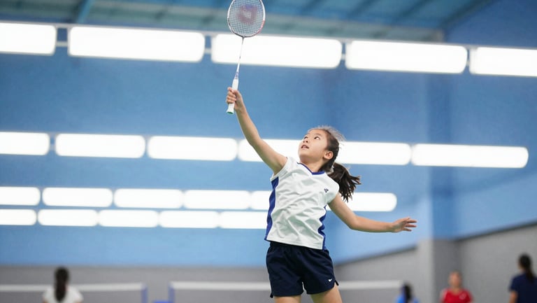 Action shot of a young girl executing a powerful overhead badminton smash, bright gym lights, video play overlay.