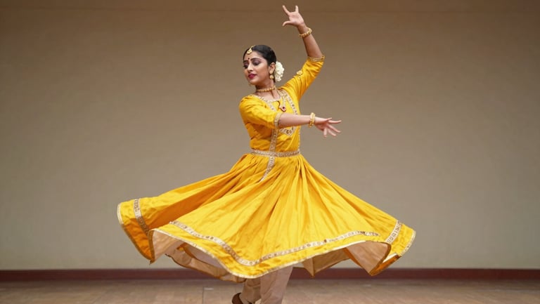 Candid capture of a Kathak dancer spinning gracefully, marigold dress swirling, warm stage lighting, video play overlay.
