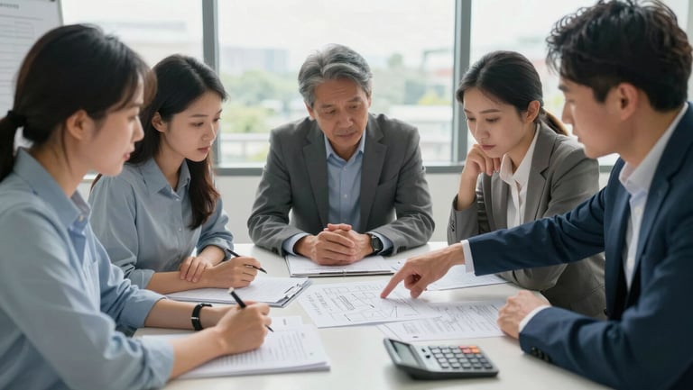 Wide shot of a small-group business planning session around a table covered with papers and a calculator, natural window light, participants leaning in, a mentor pointing at a written plan