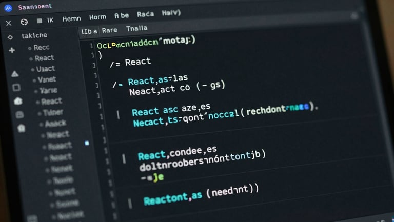 A close-up of a dark IDE interface showing clean, well-structured React and Node.js code, with subtle cyan syntax highlighting, reflecting technical precision.