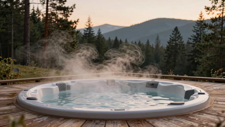 Wide panoramic warm editorial photography of steam rising from a private outdoor jacuzzi on a wooden deck at dusk, warm ambient lighting, surrounding pine forest, soft focus, 35mm