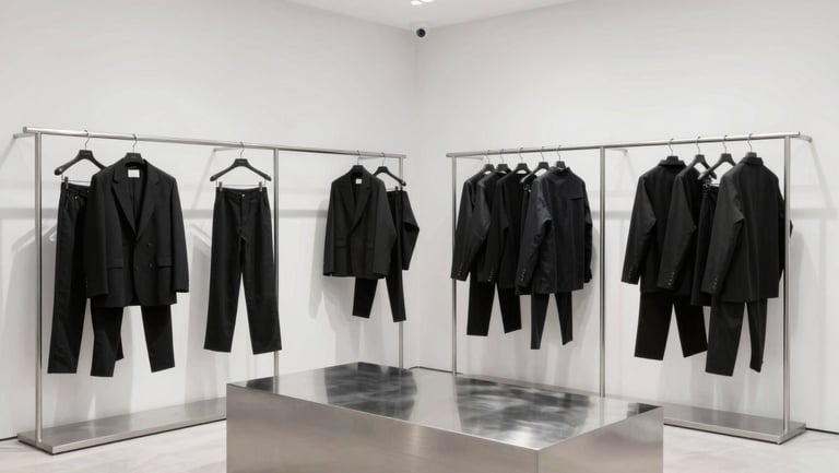 Brushed metal apparel hanging racks and a low display table in a high-contrast minimalist clothing boutique