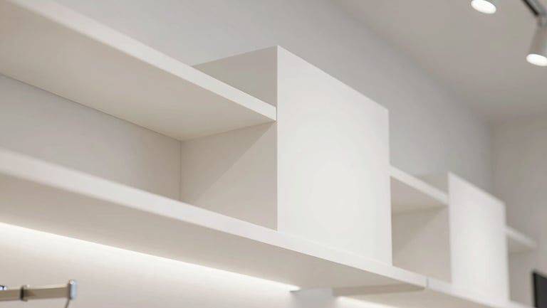 Architectural detail of custom geometric display fixtures in a premium specialty boutique, sharp focus