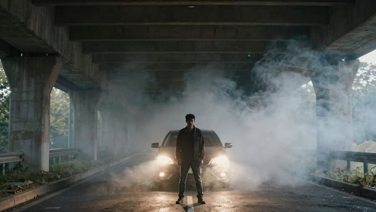 Wide anamorphic video still of a figure standing in the glare of car headlights under a concrete bridge, heavy smoke, high contrast.