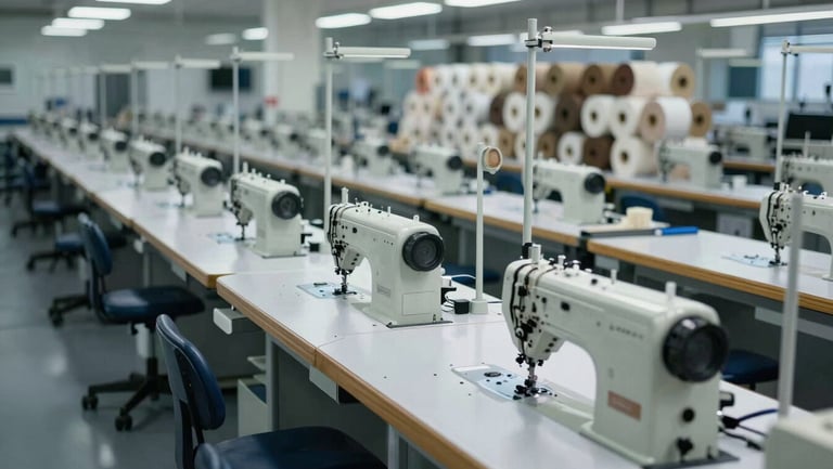 Wide environmental shot of a clean, industrial manufacturing floor in Portugal, rows of modern sewing machines under cool-toned daylight, raw textile rolls stacked in the background.