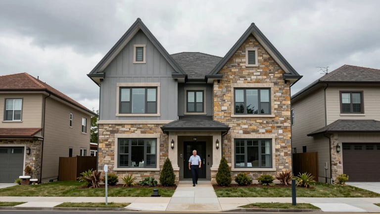 Environmental wide shot of a residential building exterior on an overcast day, diverse housing types visible, a staff member walking toward the entrance, muted grey and warm stone tones