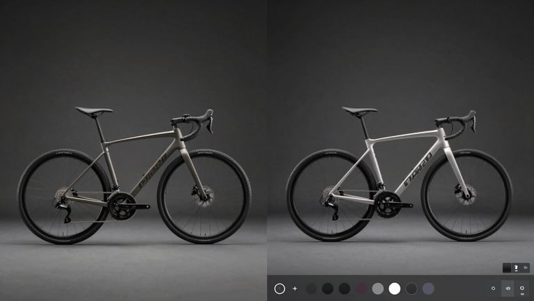 Wide split-screen configurator comparison: left side shows a static product photo of a bicycle, right side shows the same bicycle rendered live in a 3D configurator UI with color options active — clean studio light, dark neutral background, high-key detail