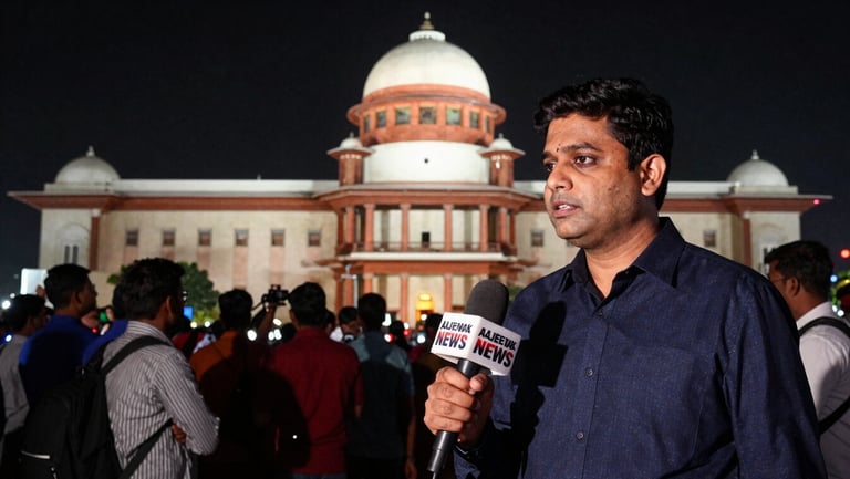 A high-contrast wide 16:9 shot of a live television news broadcast, a reporter holding an Aajeevak News microphone in front of a busy government building, dramatic press lighting, a subtle red live indicator in the corner.