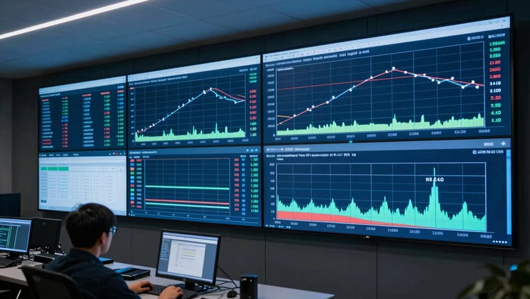 Wide-angle environmental shot of a system monitoring dashboard on large wall-mounted screens in a dimly lit NOC room, multiple time-series graphs showing network throughput and latency metrics, operator chair in foreground slightly out of focus, cool blue ambient light from screens