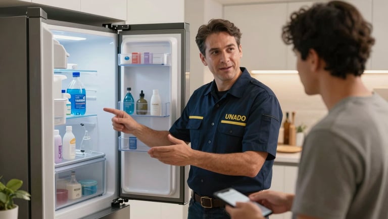 Un técnico uniformado explicando amigablemente el funcionamiento de un filtro de agua de refrigerador a un cliente en una cocina iluminada.