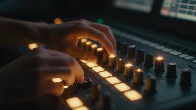 Extreme macro close-up of hands adjusting a professional color grading console, warm amber glowing dials, neon-tinged dark studio environment, anamorphic lens flare, 35mm film photography