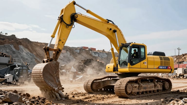 Ground-level shot looking up at a large yellow excavator arm mid-swing on an active mining site, safety-gear-clad operator visible in the cab, dust rising from disturbed earth, sharp afternoon light cutting across the machine's steel bucket