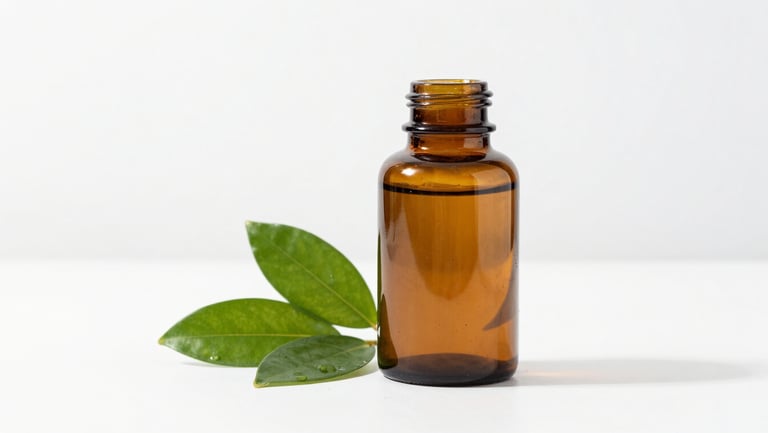 Amber glass supplement bottle on a clean white surface with fresh green leaves beside it, bright high-key lighting