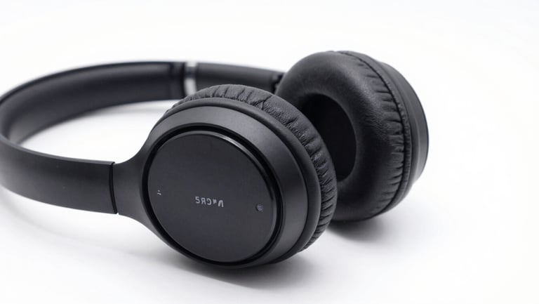 Close-up of sleek black wireless headphones resting on a desk, soft shadows, high-key studio light