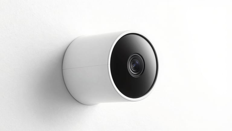 Modern minimalist smart security camera mounted on a clean white wall, bright daylight
