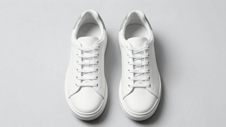 A pair of clean white leather sneakers on a pale gray background, overhead studio shot, bright light