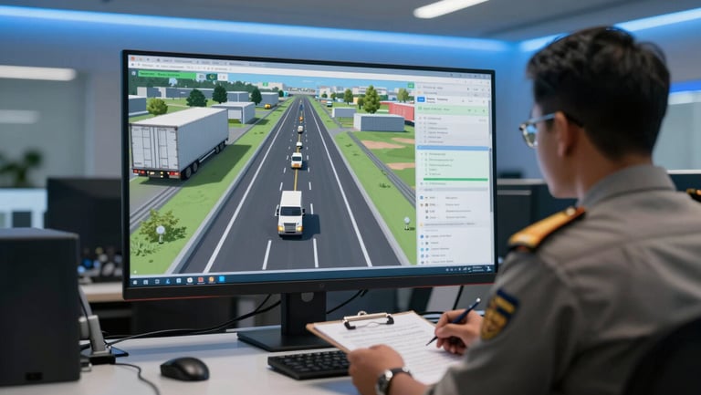 Wide environmental shot of a logistics dispatch desk interior, a large monitor screen showing a live GPS route map with truck icons pinned along a highlighted highway corridor across India, a uniformed operator in foreground reviewing a clipboard, cool blue LED ambient lighting from above, clean organised desk surface, focus on the screen data and operational context