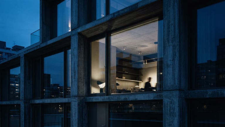 Architectural close-up of a minimalist concrete and glass facade, deep shadows, sharp focus, cool blue hour light, 35mm
