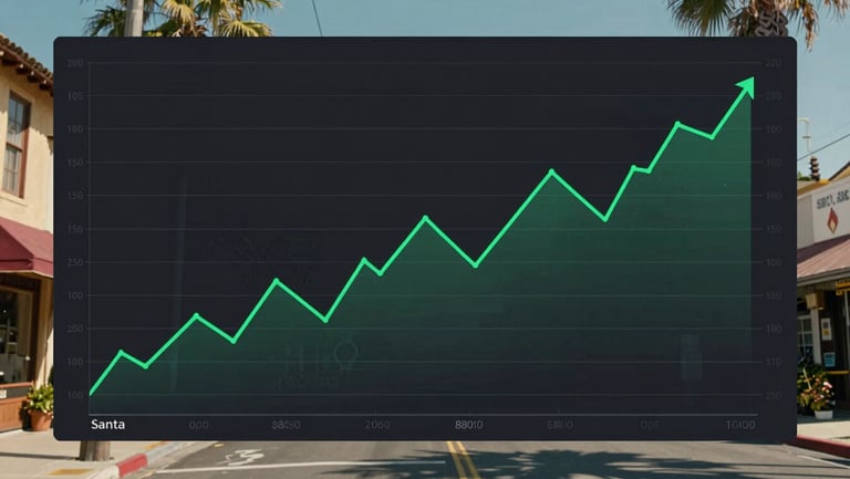 Clean vector-style line chart showing a steady currency trend line moving slightly upwards, emerald green accent line, dark background, technical financial dashboard style