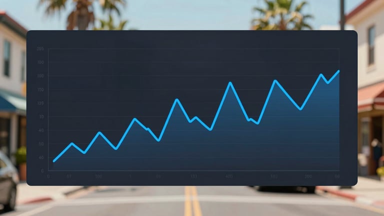 Clean vector-style line chart showing a fluctuating currency trend line, vibrant blue accent line, dark background, technical financial dashboard style