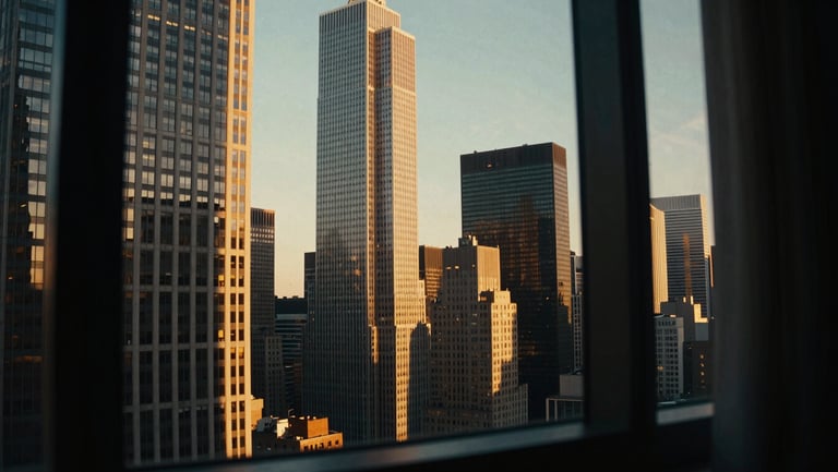 Low-key atmospheric view of Manhattan skyscrapers from a high-rise window, warm golden-hour light cutting through deep obsidian shadows, luxury editorial.