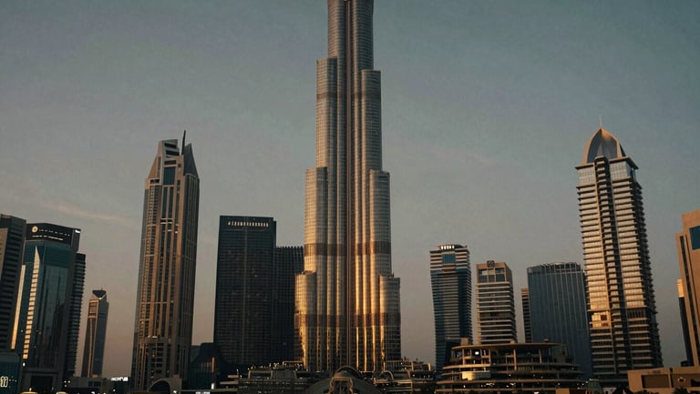 Cinematic wide shot of Dubai skyline at dusk, architectural uplighting reflecting on sleek glass towers, warm golden-hour tones, luxury editorial photography.