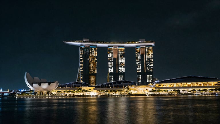 Dramatic environmental shot of Singapore Marina Bay architecture at night, low-key lighting, deep obsidian water, crisp white and gold lighting accents.